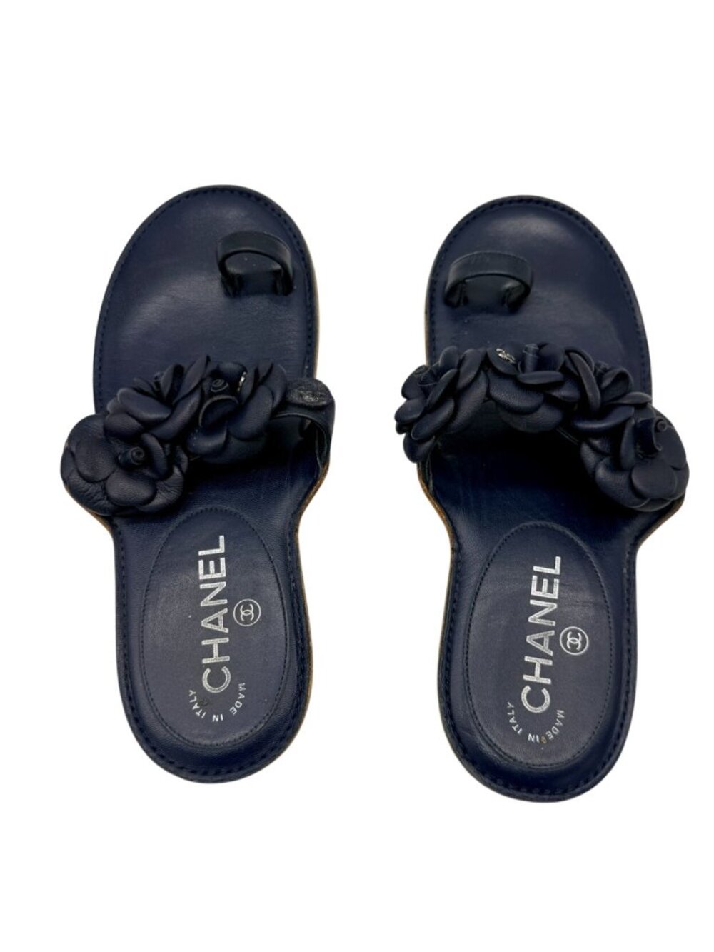 Chanel Camellia CC Logo Leather Sandals Navy Blue - Size 7